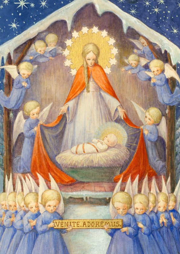 Kerstkaart - Religieus kerststal engelen - Kerstkaarten Kerstkaarten - Kerstkaart - Religieus kerststal engelen