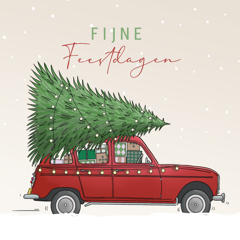 Kerstkaarten - Kerstkaart Renault 4 rood met kerstboom