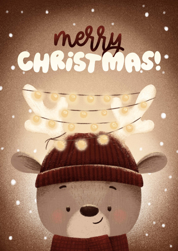 Kerstkaarten - Kerstkaart rendier kerstlampjes sneeuw Merry Christmas