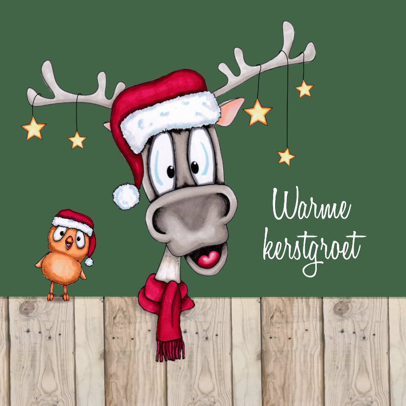 Kerstkaarten - Kerstkaart Rendier met sjaal en vogel