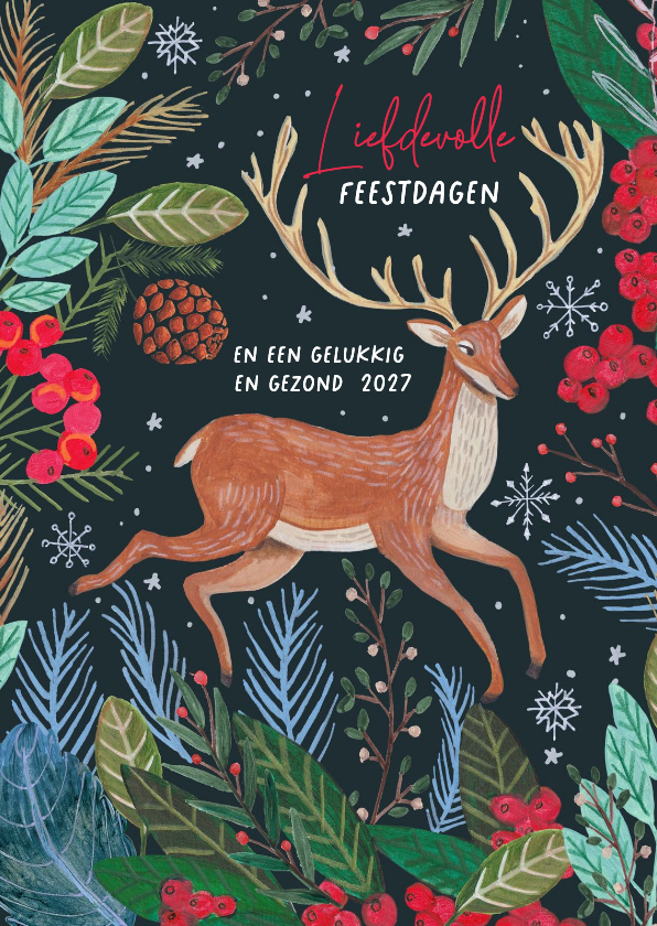 Kerstkaart Rendier met sneeuwvlokken en rode bessen - Kerstkaarten Kerstkaarten - Kerstkaart Rendier met sneeuwvlokken en rode bessen