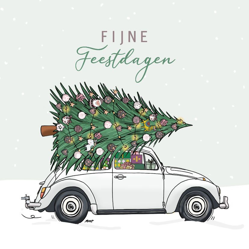 Kerstkaart retro volkswagen kever wit met kerstboom - Kerstkaarten Kerstkaarten - Kerstkaart retro volkswagen kever wit met kerstboom