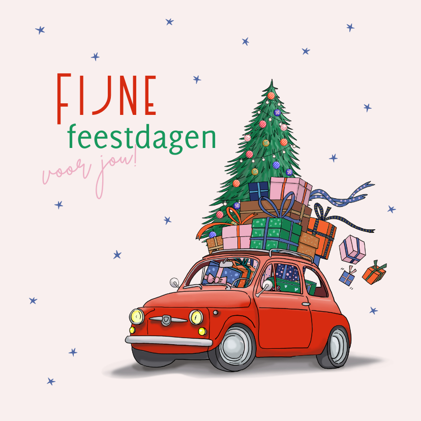 Kerstkaarten - Kerstkaart rode auto met kerstboom