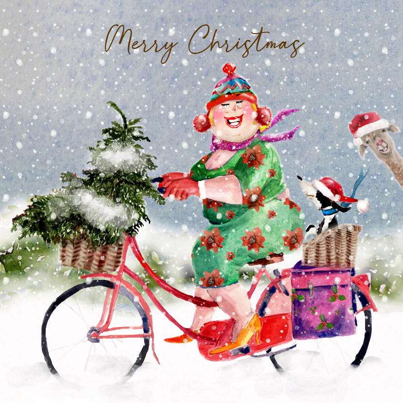 Kerstkaarten - Kerstkaart rode fiets in de sneeuw