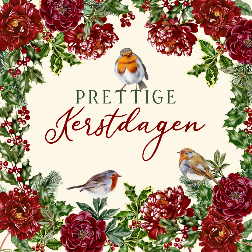 Kerstkaart rode pioenrozen met hulst en roodborstjes - Kerstkaarten Kerstkaarten - Kerstkaart rode pioenrozen met hulst en roodborstjes