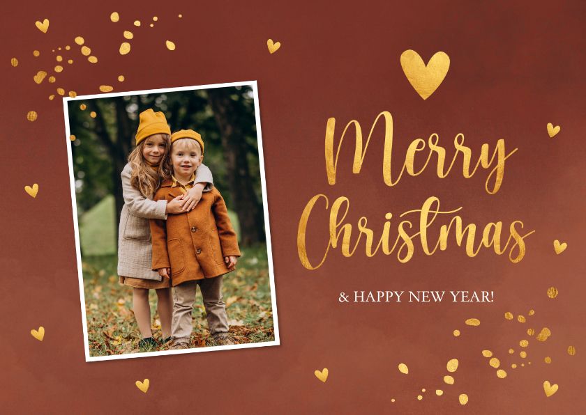 Kerstkaart roestbruin foto goudlook confetti - Kerstkaarten Kerstkaarten - Kerstkaart roestbruin foto goudlook confetti