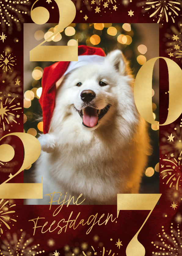 Kerstkaart rood 2027 met foto vuurwerk en sterren - Kerstkaarten Kerstkaarten - Kerstkaart rood 2027 met foto vuurwerk en sterren