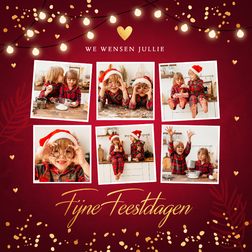 Kerstkaart rood fotocollage confetti goudlook - Kerstkaarten Kerstkaarten - Kerstkaart rood fotocollage confetti goudlook