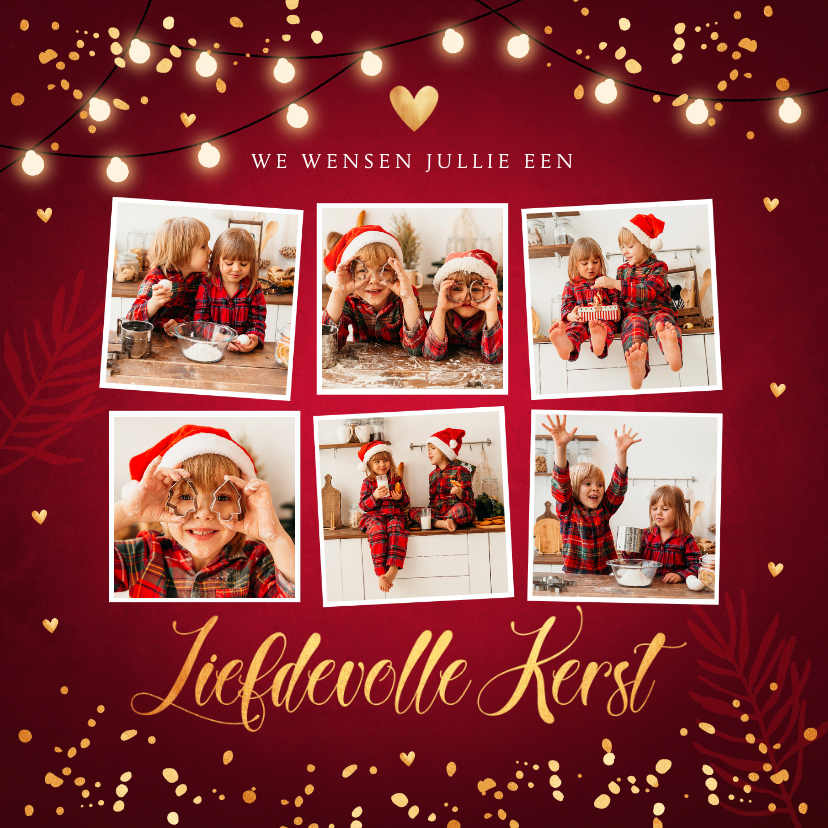 Kerstkaarten - Kerstkaart rood fotocollage confetti goudlook