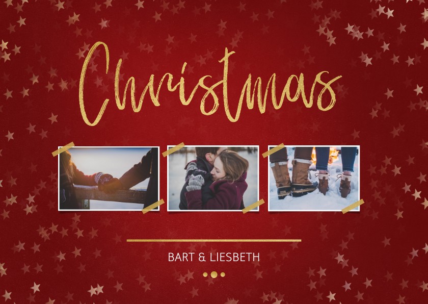 Kerstkaart rood voor 3 foto's en goud - Kerstkaarten Kerstkaarten - Kerstkaart rood voor 3 foto's en goud