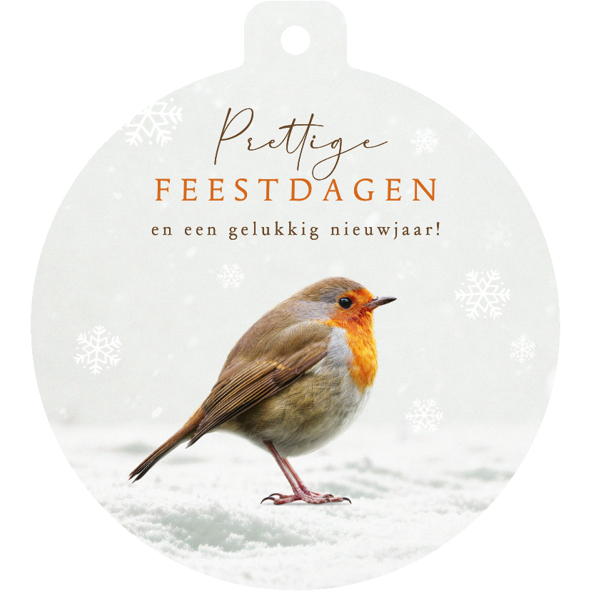Kerstkaarten - Kerstkaart roodborstje kerstbal winter sneeuwvlokken kerst