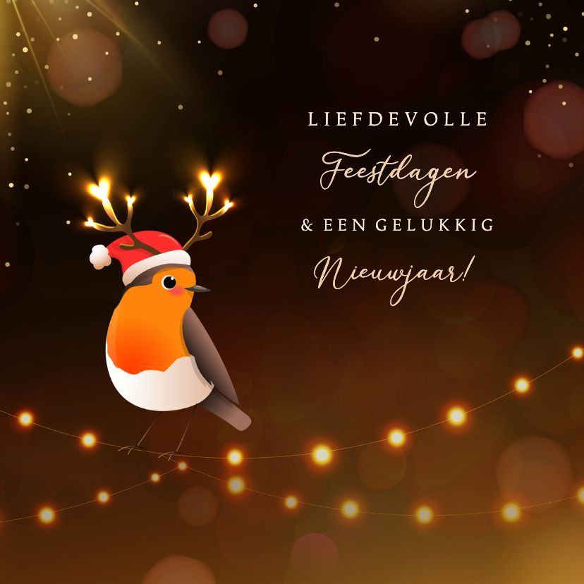 Kerstkaart roodborstje kerstmuts lichtgevend hartjes gewei - Kerstkaarten Kerstkaarten - Kerstkaart roodborstje kerstmuts lichtgevend hartjes gewei
