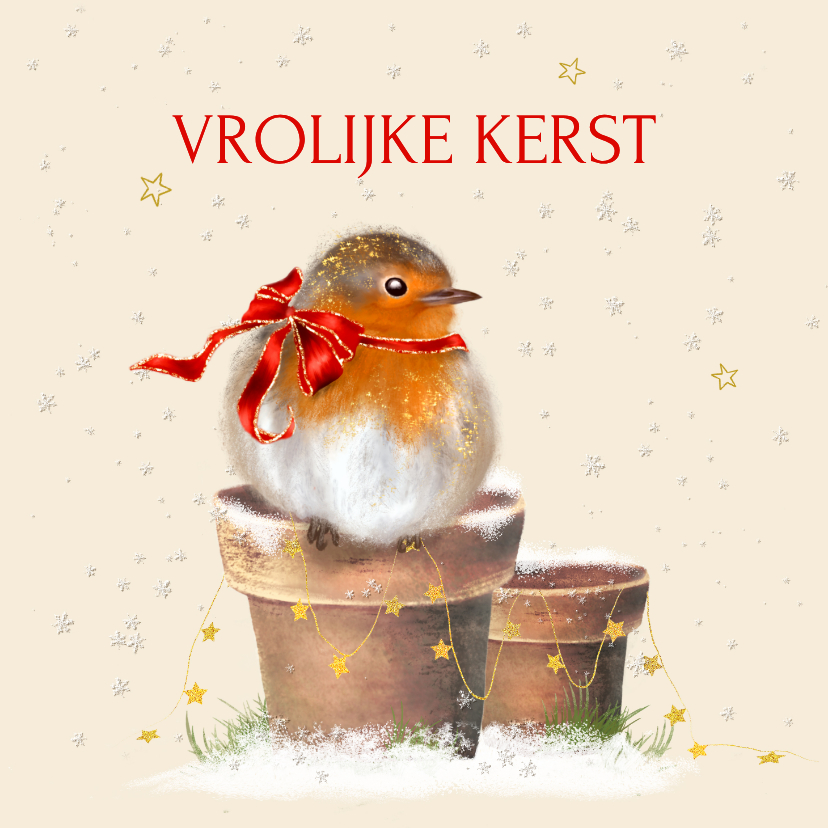 Kerstkaart roodborstje met strik - Kerstkaarten Kerstkaarten - Kerstkaart roodborstje met strik