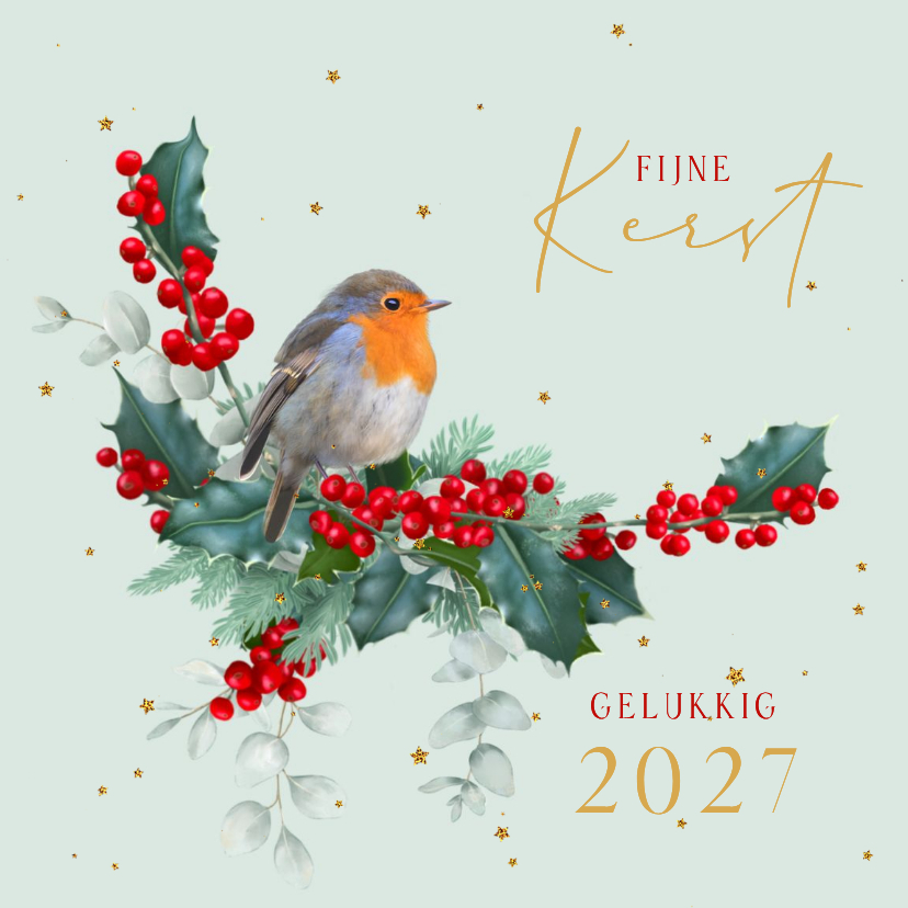 Kerstkaart roodborstje op hulsttakken met goud - Kerstkaarten Kerstkaarten - Kerstkaart roodborstje op hulsttakken met goud