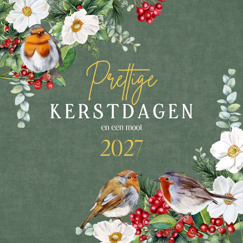 Kerstkaart roodborstjes op groen fluweellook - Kerstkaarten Kerstkaarten - Kerstkaart roodborstjes op groen fluweellook