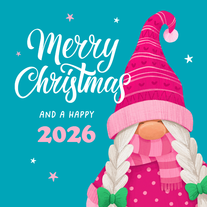 Kerstkaarten - Kerstkaart roze gnoom hip grappig sterretjes merry christmas