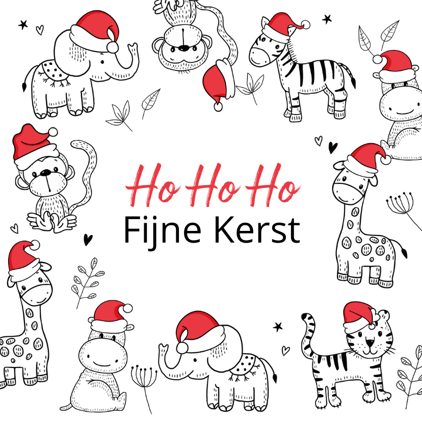 Kerstkaart - Safaridieren met kerstmuts - Kerstkaarten Kerstkaarten - Kerstkaart - Safaridieren met kerstmuts