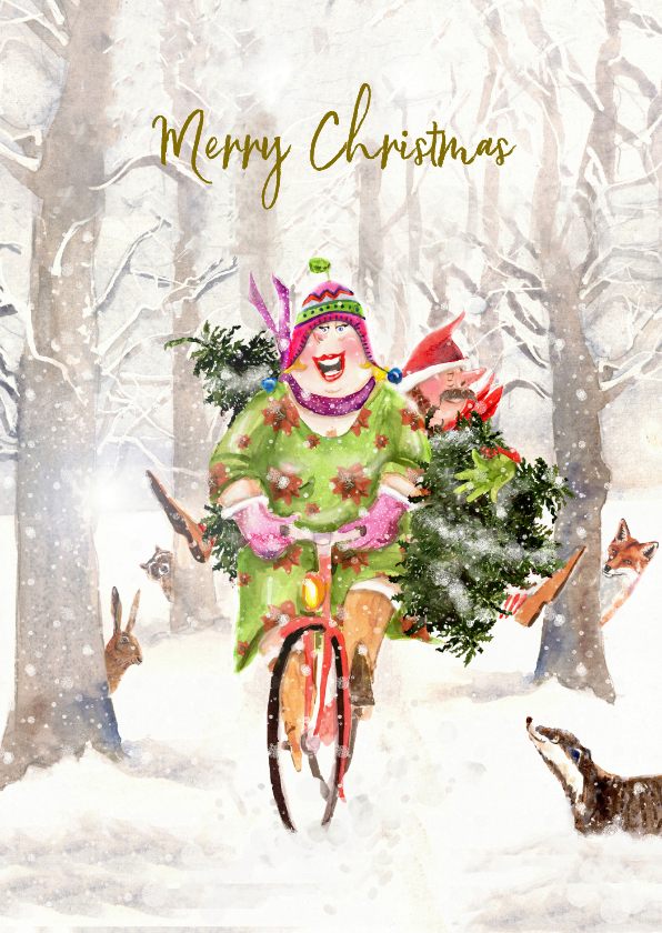 Kerstkaart samen op de fiets met boom verticaal - Kerstkaarten Kerstkaarten - Kerstkaart samen op de fiets met boom verticaal