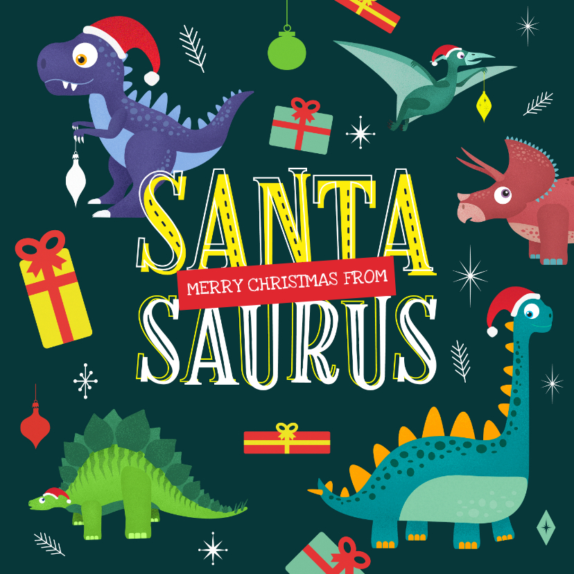 Kerstkaarten - Kerstkaart Santasaurus dino vrolijk cadeautjes crazy