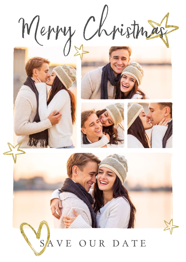 Kerstkaart save the date goud sterren hartje fotocollage - Kerstkaarten Kerstkaarten - Kerstkaart save the date goud sterren hartje fotocollage