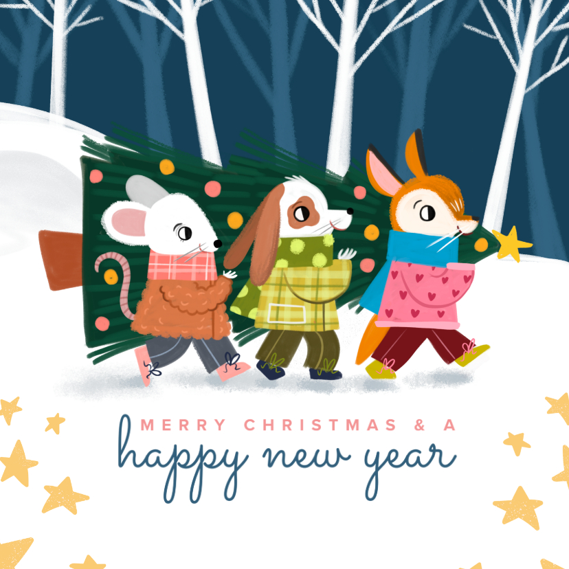 Kerstkaarten - Kerstkaart Schattige bende met kerstboom vierkant