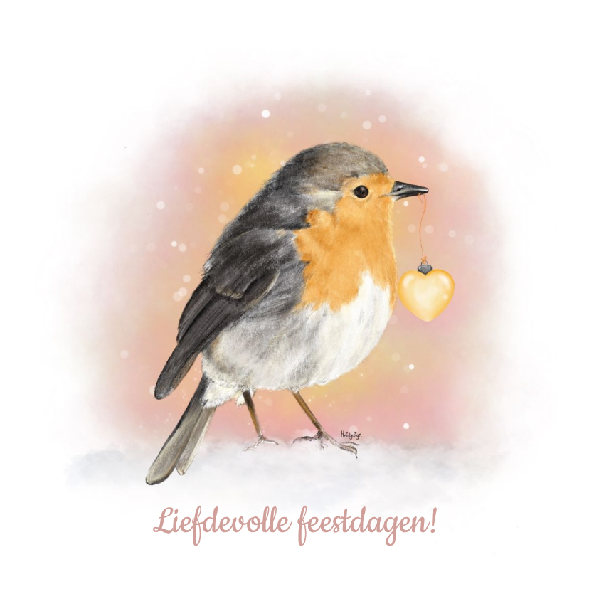 Kerstkaart schatttig roodborstje met een hartjes kerstbal - Kerstkaarten Kerstkaarten - Kerstkaart schatttig roodborstje met een hartjes kerstbal