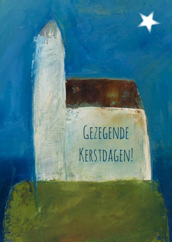 Kerstkaart schilderij kerk ster - Kerstkaarten Kerstkaarten - Kerstkaart schilderij kerk ster