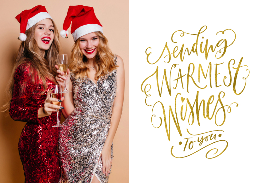 Kerstkaart Sending Warmest Wishes goudlook met eigen foto - Kerstkaarten Kerstkaarten - Kerstkaart Sending Warmest Wishes goudlook met eigen foto