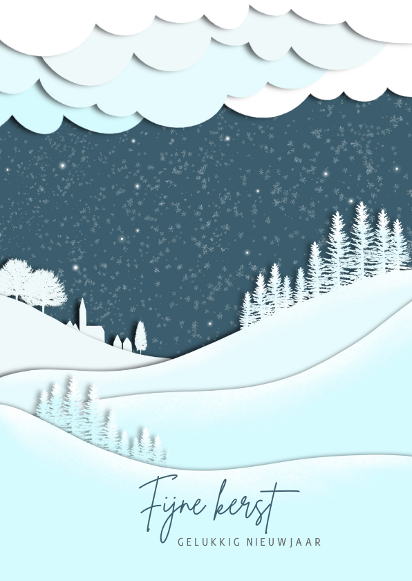 Kerstkaarten - Kerstkaart silhouet landschap blauw-wit