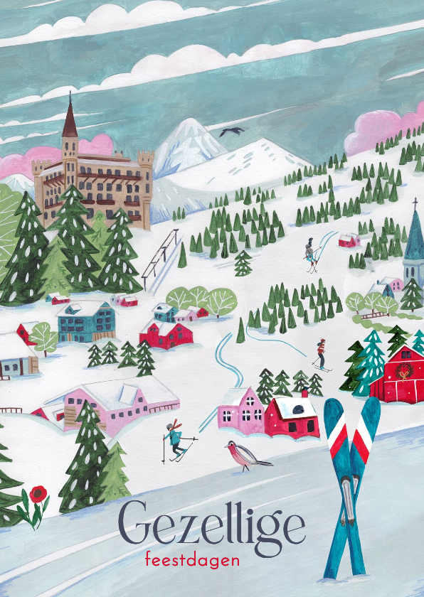 Kerstkaart ski landschap met bergen en sneeuw - Kerstkaarten Kerstkaarten - Kerstkaart ski landschap met bergen en sneeuw