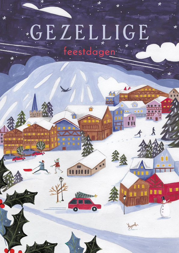 Kerstkaart ski landschap met bergen sneeuw en huisjes - Kerstkaarten Kerstkaarten - Kerstkaart ski landschap met bergen sneeuw en huisjes