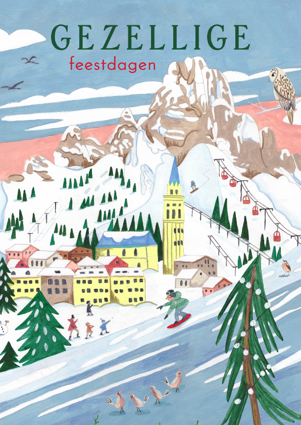 Kerstkaarten - Kerstkaart ski landschap met bergen, sneeuw en kerkje