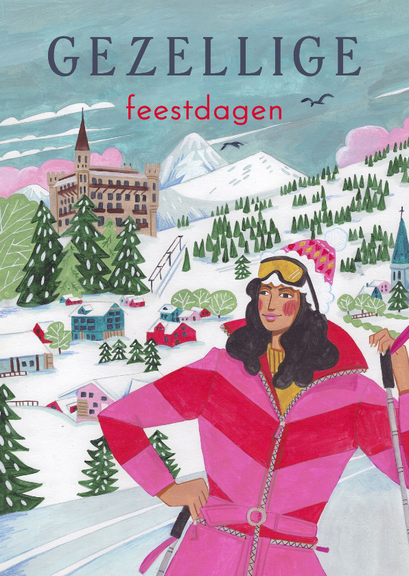 Kerstkaart ski landschap met vrouw in skipak - Kerstkaarten Kerstkaarten - Kerstkaart ski landschap met vrouw in skipak