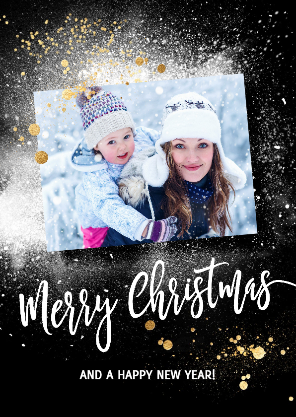 Kerstkaart sneeuw foto op zwart - Kerstkaarten Kerstkaarten - Kerstkaart sneeuw foto op zwart