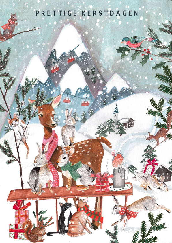 Kerstkaarten - Kerstkaart sneeuw landschap met bos dieren