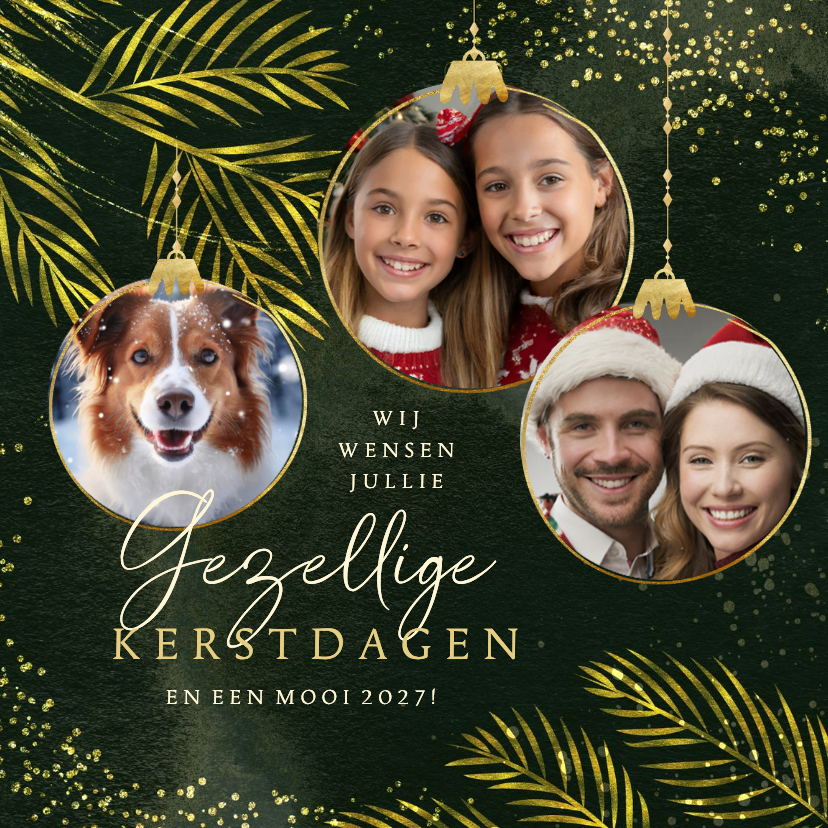 Kerstkaart sprankelend goudlook fotocollage kerstballen - Kerstkaarten Kerstkaarten - Kerstkaart sprankelend goudlook fotocollage kerstballen