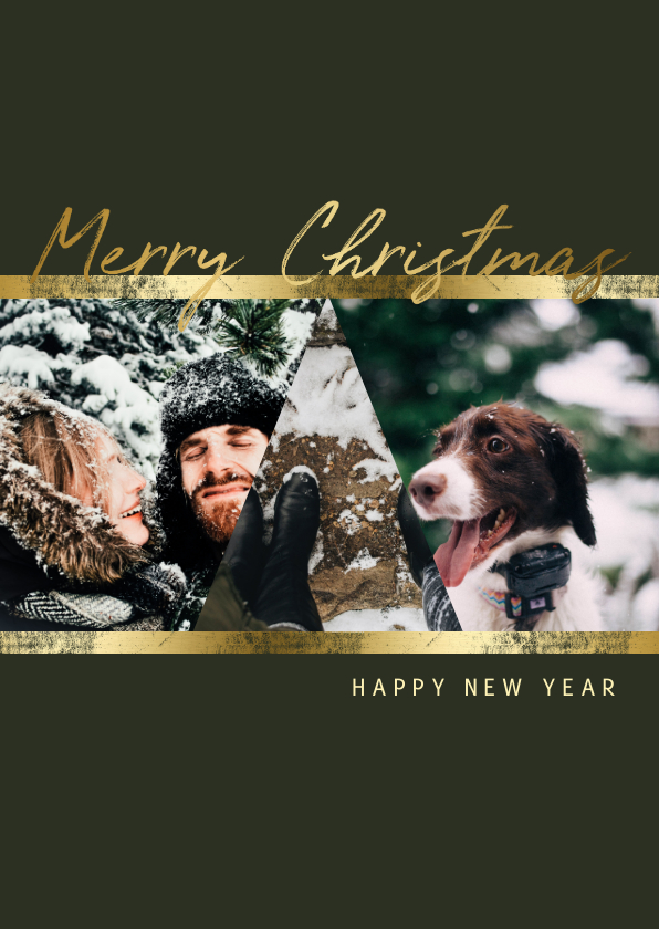 Kerstkaart staand fotocollage met gouden accenten - Kerstkaarten Kerstkaarten - Kerstkaart staand fotocollage met gouden accenten