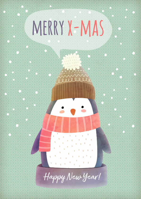 Kerstkaart staand pinguïn met muts - Kerstkaarten Kerstkaarten - Kerstkaart staand pinguïn met muts