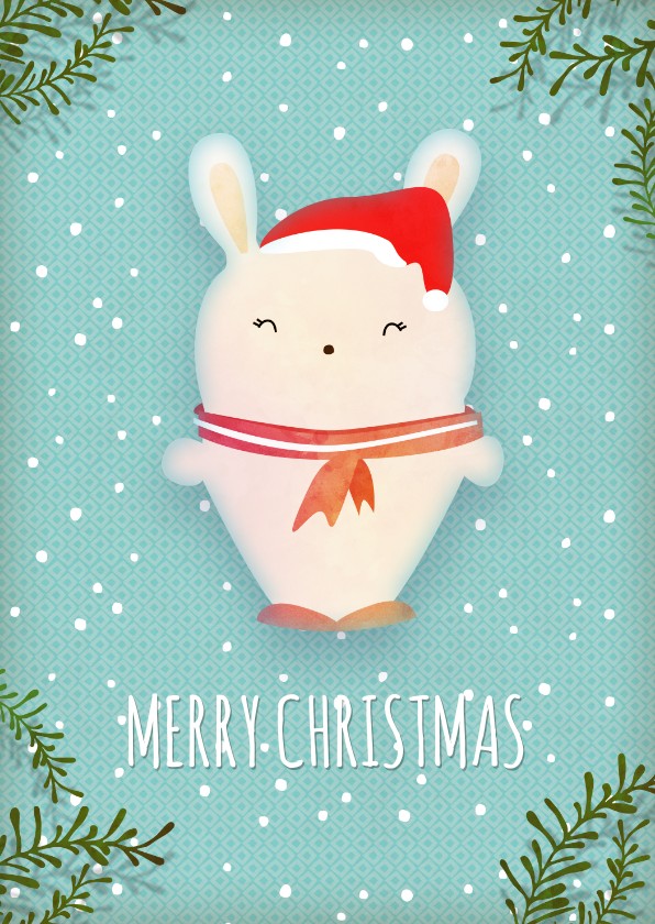 Kerstkaarten - Kerstkaart staand wit konijntje