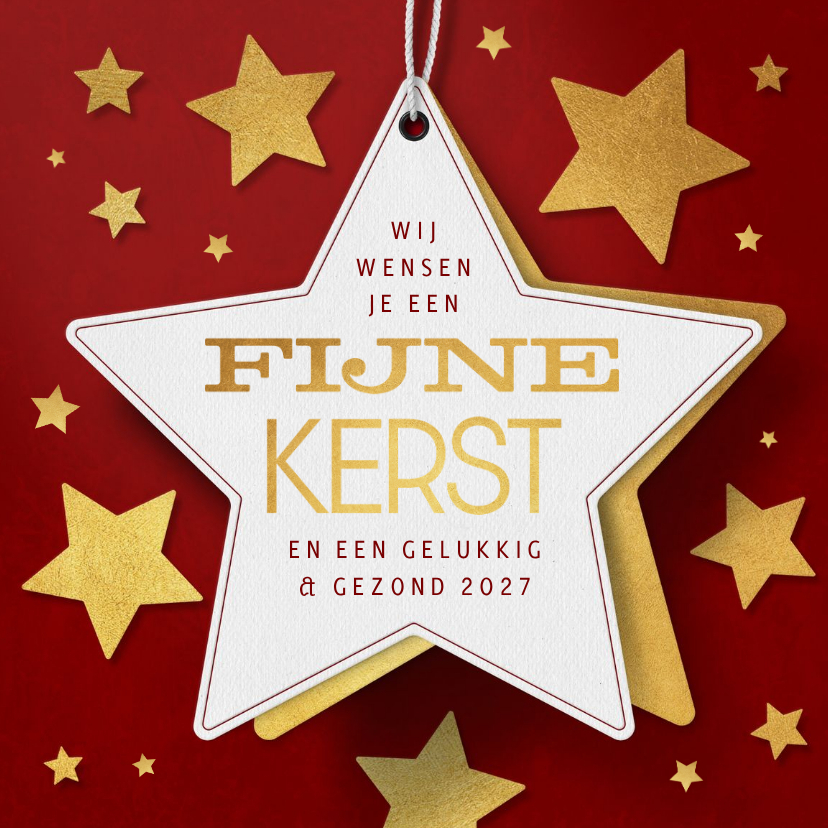 Kerstkaart ster label rood goud sterren fijne kerst - Kerstkaarten Kerstkaarten - Kerstkaart ster label rood goud sterren fijne kerst