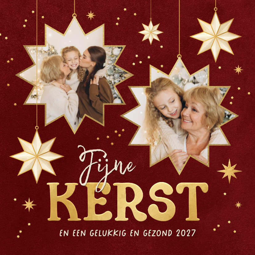 Kerstkaart sterren fotokaders sprankelend rood fijne kerst - Kerstkaarten Kerstkaarten - Kerstkaart sterren fotokaders sprankelend rood fijne kerst