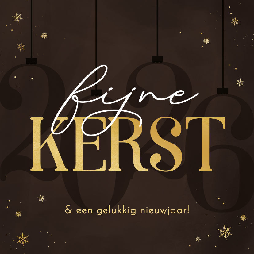 Kerstkaarten - Kerstkaart stijlvol 2026 bruin met sneeuwvlokjes goud
