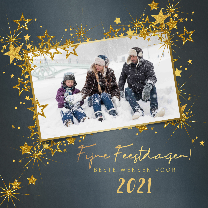 Kerstkaart stijlvol blauw met foto en goud sterren 2020 - Kerstkaarten Kerstkaarten - Kerstkaart stijlvol blauw met foto en goud sterren 2020