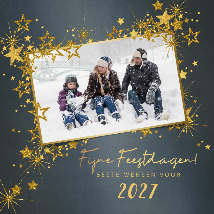 Kerstkaart stijlvol blauw met foto en goud sterren 2027 - Kerstkaarten Kerstkaarten - Kerstkaart stijlvol blauw met foto en goud sterren 2027