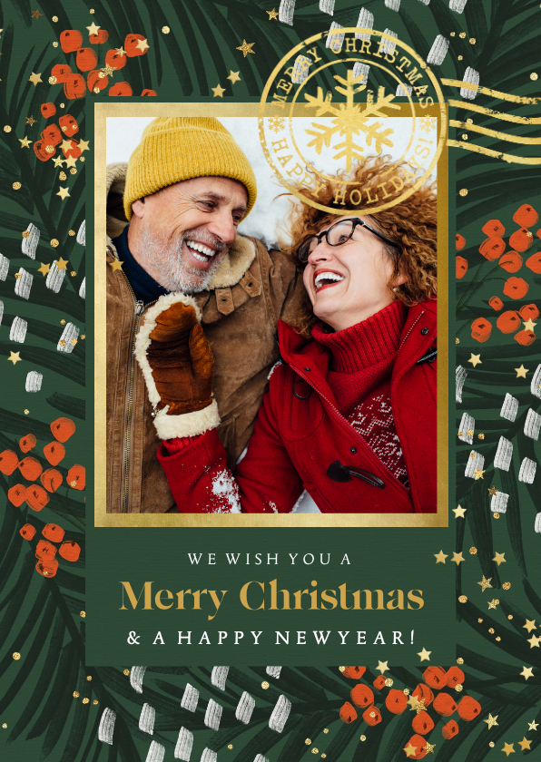 Kerstkaart stijlvol dennentakken foto stempel goud - Kerstkaarten Kerstkaarten - Kerstkaart stijlvol dennentakken foto stempel goud