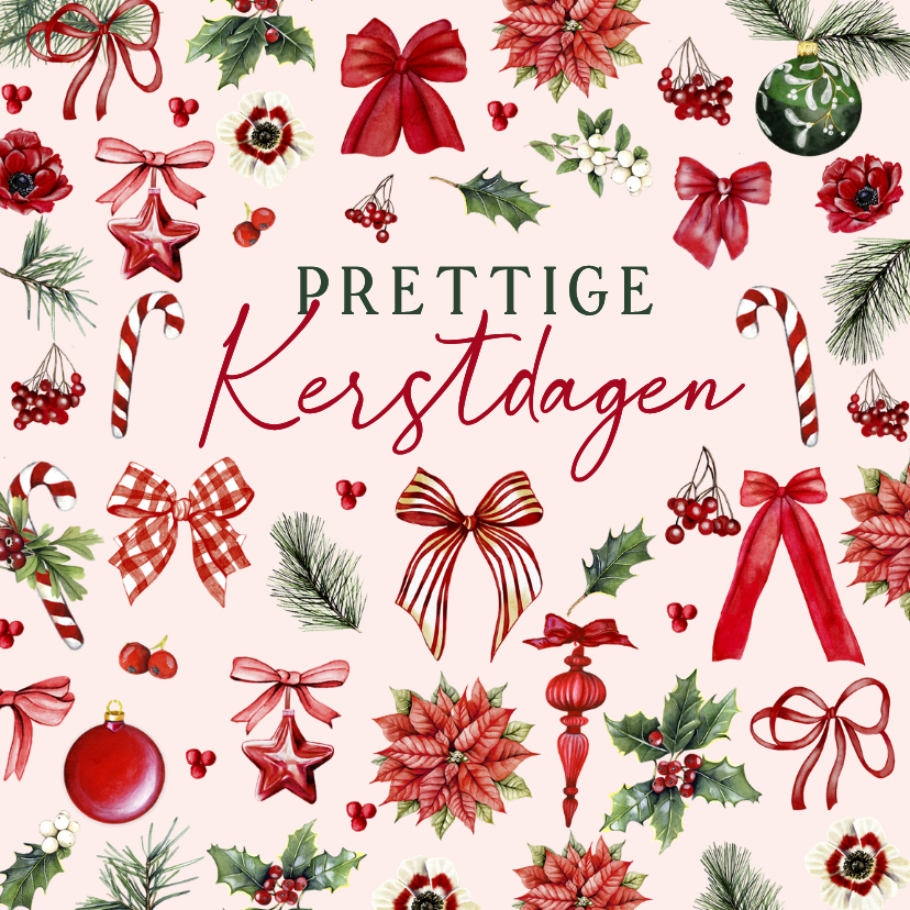 Kerstkaart strikjes en kerstballen met kersttakken - Kerstkaarten Kerstkaarten - Kerstkaart strikjes en kerstballen met kersttakken