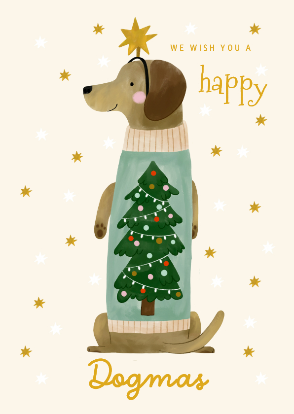 Kerstkaart teckel happy dogmas trui kerstboom en sterren - Kerstkaarten Kerstkaarten - Kerstkaart teckel happy dogmas trui kerstboom en sterren