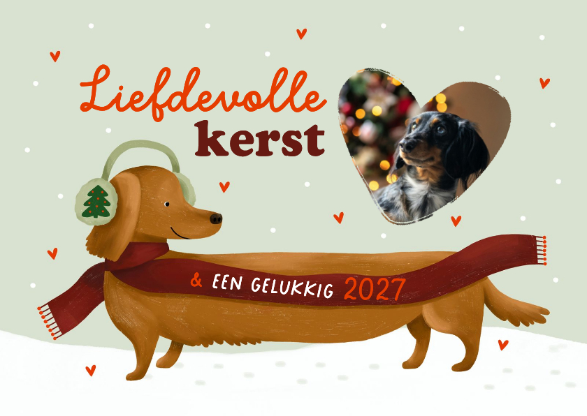 Kerstkaart teckel hartjes sjaal sneeuw met foto - Kerstkaarten Kerstkaarten - Kerstkaart teckel hartjes sjaal sneeuw met foto