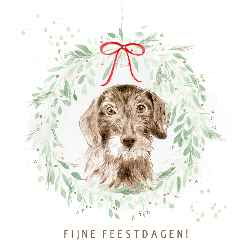 Kerstkaarten - Kerstkaart - Teckel in kerstkrans