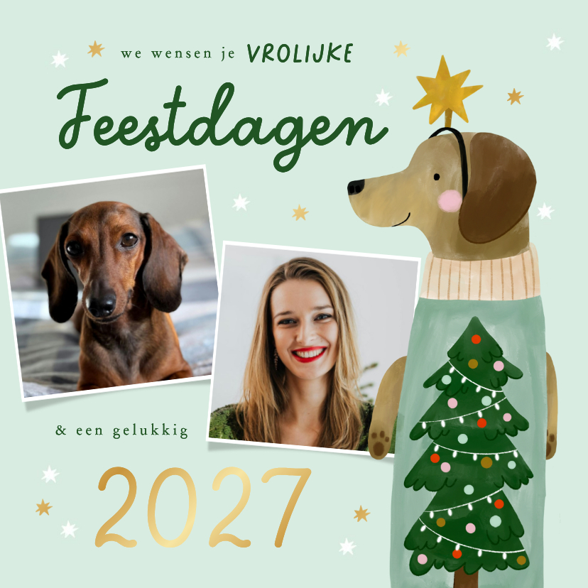 Kerstkaart teckel kerstboom sterren en foto's jaartal - Kerstkaarten Kerstkaarten - Kerstkaart teckel kerstboom sterren en foto's jaartal